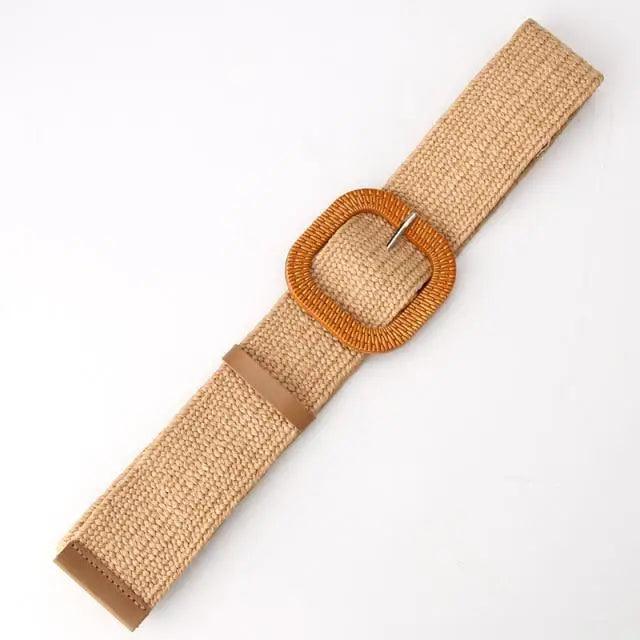 Round Women Waist Belt Classic Wooden Buckle Casual Style Buckle Simple Lightweight Waist Dress Band - STEVVEX Fashion - 702, belt, belt for women, belts, braided belt, casual belt, classic belt, elastic belt, elegant belt, fashion belt, new design belt, retro belt, round buckle belt, straw woven belt, stylish belt, trendy belt, vintage belt, wide strap belt, women belts, wooden buckle belt, wooden style belt, woven belt - Stevvex.com