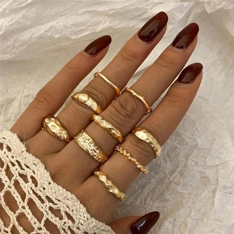 Shiny Gold Wide Chain Rings Set For Women And Girls Crystal Round Rings Vintage Style Female Party Jewelry - ALU06193AYV