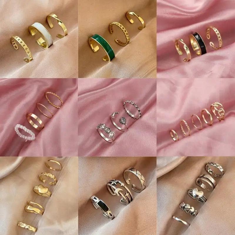 Shiny Gold Wide Chain Rings Set For Women And Girls Crystal Round Rings Vintage Style Female Party Jewelry - ALU06193AYV