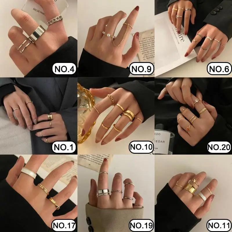 Shiny Gold Wide Chain Rings Set For Women And Girls Crystal Round Rings Vintage Style Female Party Jewelry - ALU06193AYV