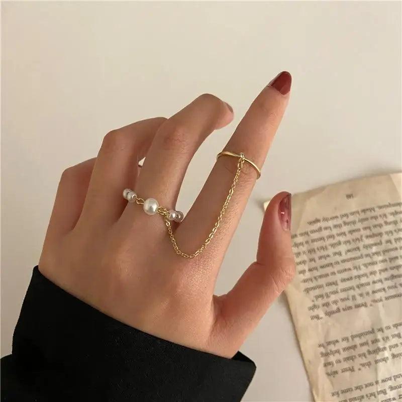 Shiny Gold Wide Chain Rings Set For Women And Girls Crystal Round Rings Vintage Style Female Party Jewelry - ALU06193AYV