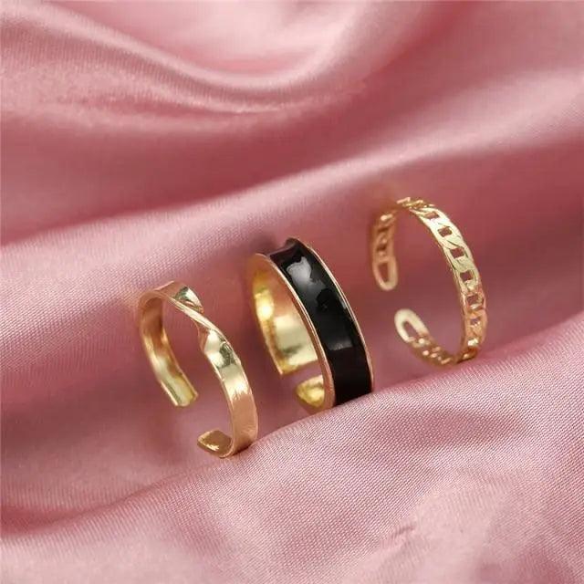 Shiny Gold Wide Chain Rings Set For Women And Girls Crystal Round Rings Vintage Style Female Party Jewelry - ALU06193AYV