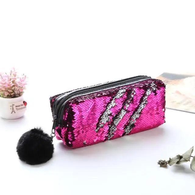 Shiny Reversible Girls Pencil Case Glitter Design Double Color Zipper Make Up Bag Stationery Case For Students - 4