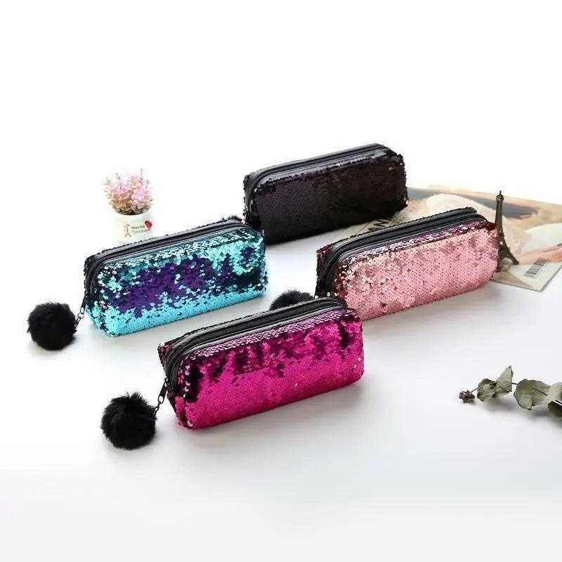 Shiny Reversible Girls Pencil Case Glitter Design Double Color Zipper Make Up Bag Stationery Case For Students