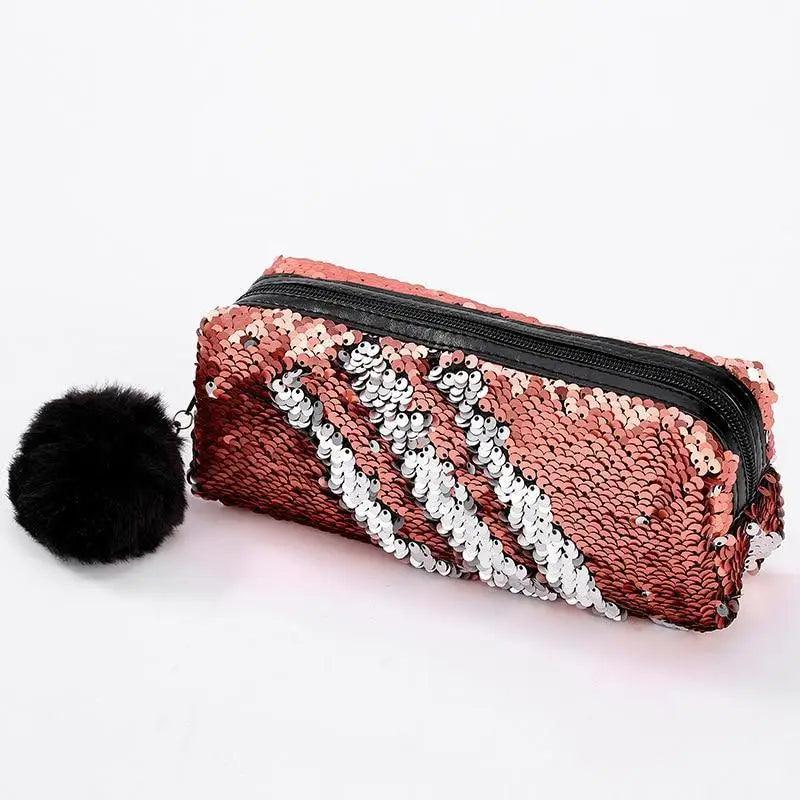 Shiny Reversible Girls Pencil Case Glitter Design Double Color Zipper Make Up Bag Stationery Case For Students - 1