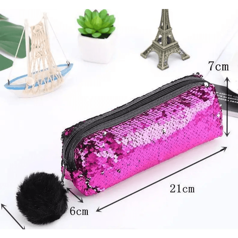 Shiny Reversible Girls Pencil Case Glitter Design Double Color Zipper Make Up Bag Stationery Case For Students