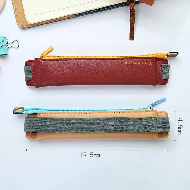 Slim Leather Unique Design Pencil Case Book Holder Pouch With Elastic Band For Notebook Fashion School Pen Case