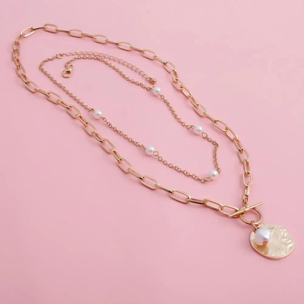 Sparkling Pearl Coin Pendant And Choker Necklace for Women And Girls Wedding Gold Color Long Chain Necklace Jewelry
