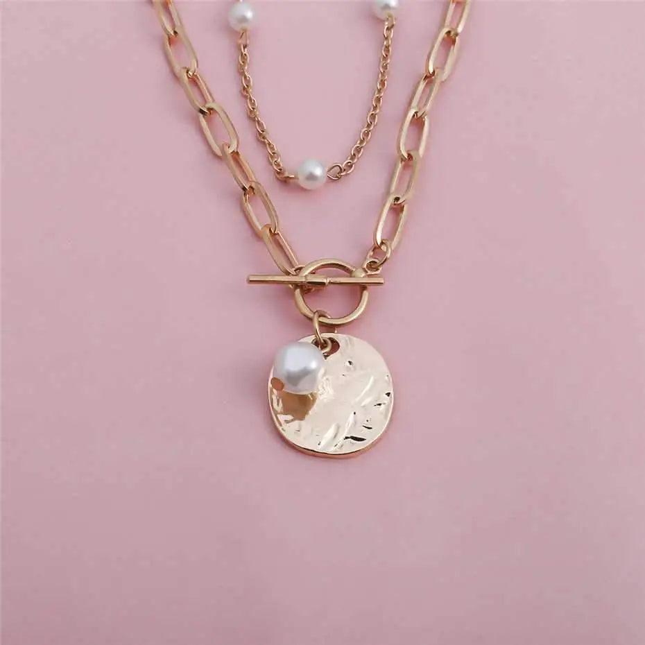 Sparkling Pearl Coin Pendant And Choker Necklace for Women And Girls Wedding Gold Color Long Chain Necklace Jewelry