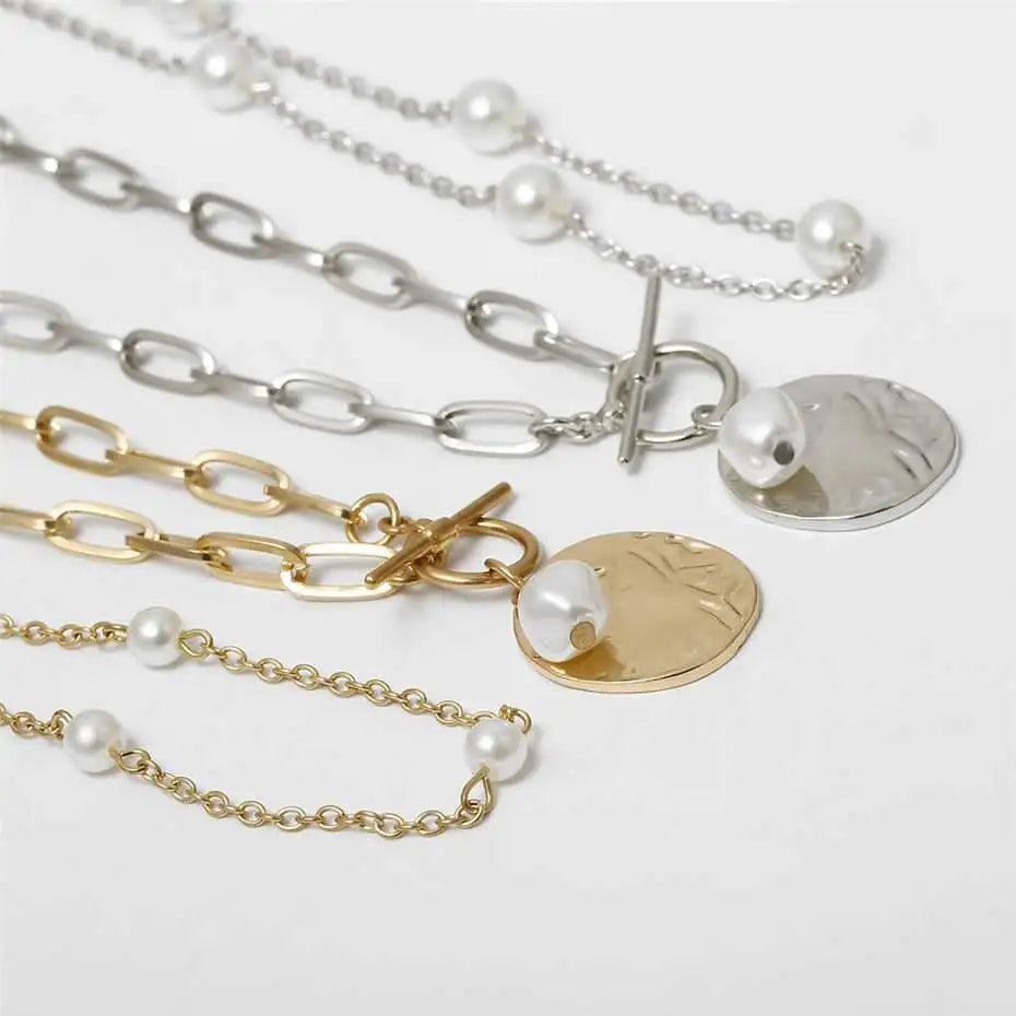 Sparkling Pearl Coin Pendant And Choker Necklace for Women And Girls Wedding Gold Color Long Chain Necklace Jewelry