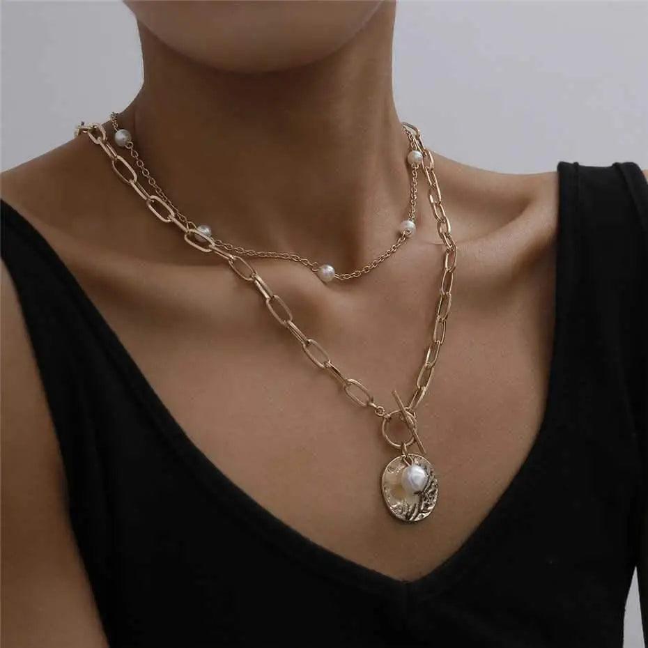 Sparkling Pearl Coin Pendant And Choker Necklace for Women And Girls Wedding Gold Color Long Chain Necklace Jewelry
