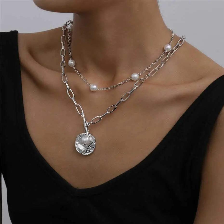 Sparkling Pearl Coin Pendant And Choker Necklace for Women And Girls Wedding Gold Color Long Chain Necklace Jewelry