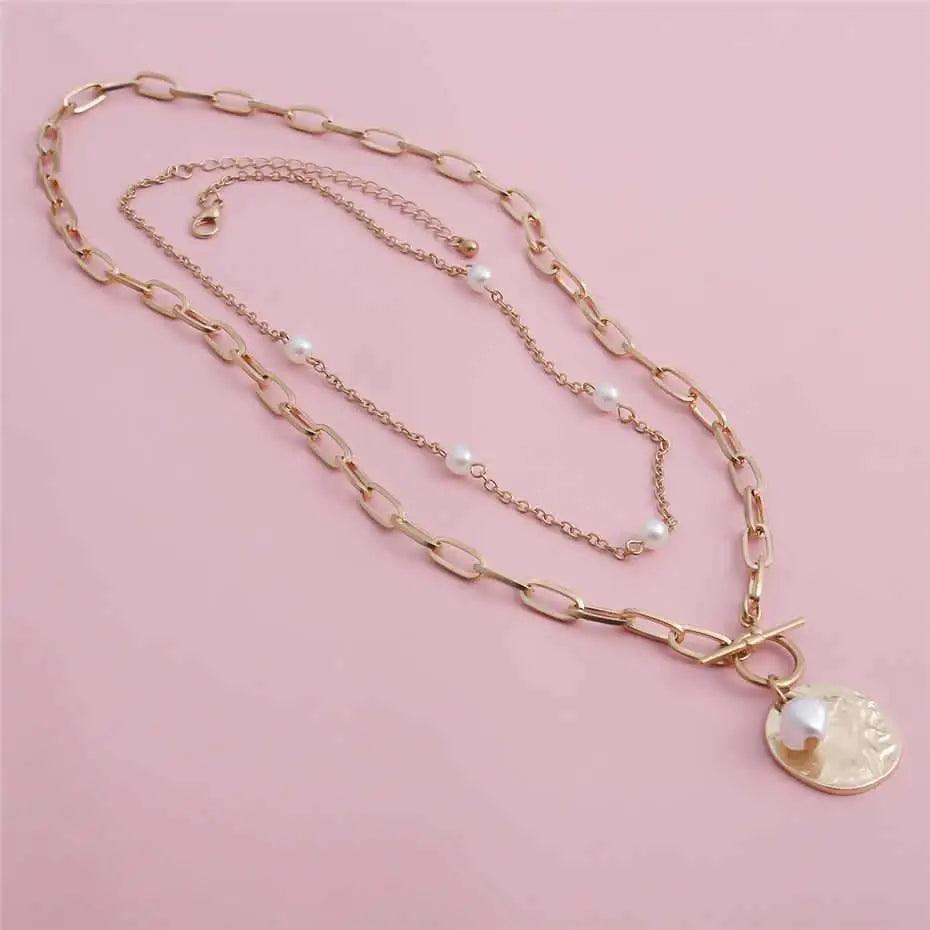 Sparkling Pearl Coin Pendant And Choker Necklace for Women And Girls Wedding Gold Color Long Chain Necklace Jewelry