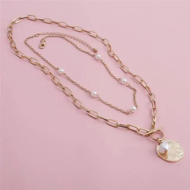 Sparkling Pearl Coin Pendant And Choker Necklace for Women And Girls Wedding Gold Color Long Chain Necklace Jewelry