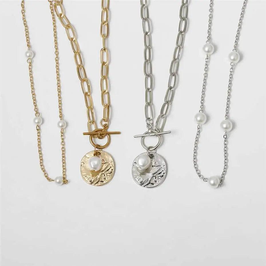 Sparkling Pearl Coin Pendant And Choker Necklace for Women And Girls Wedding Gold Color Long Chain Necklace Jewelry