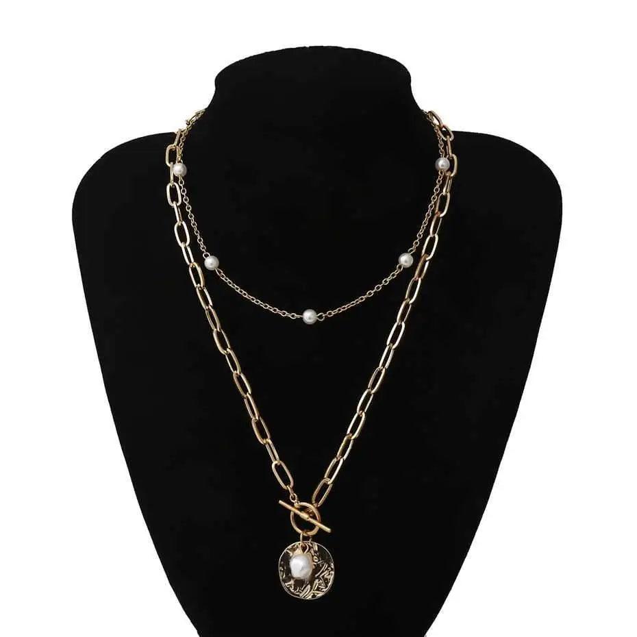 Sparkling Pearl Coin Pendant And Choker Necklace for Women And Girls Wedding Gold Color Long Chain Necklace Jewelry