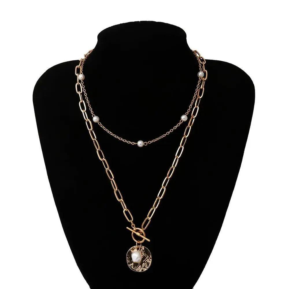 Sparkling Pearl Coin Pendant And Choker Necklace for Women And Girls Wedding Gold Color Long Chain Necklace Jewelry