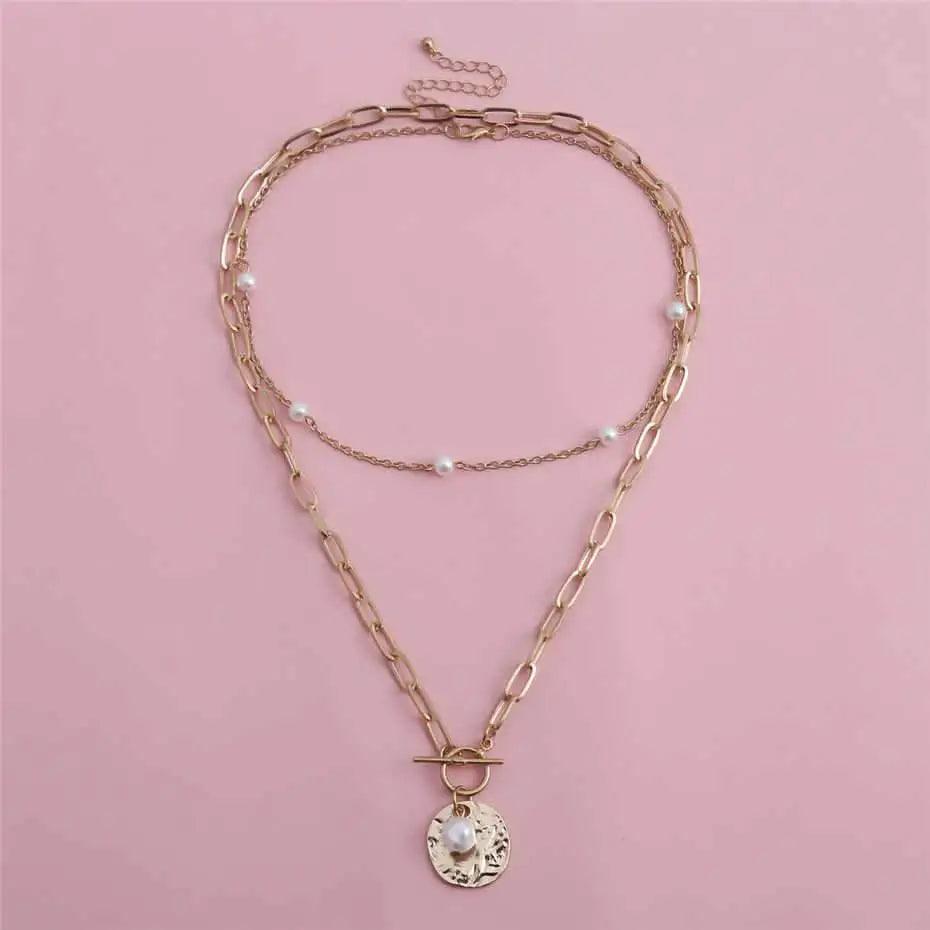 Sparkling Pearl Coin Pendant And Choker Necklace for Women And Girls Wedding Gold Color Long Chain Necklace Jewelry