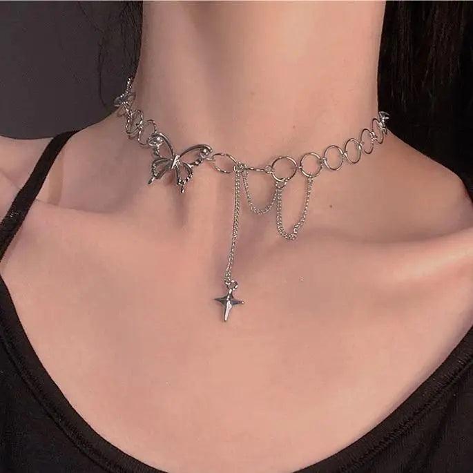 Sterling Butterfly Choker Necklace Hip Hop Link Chain For Women And Girls Vintage Style Female Gift Jewlery