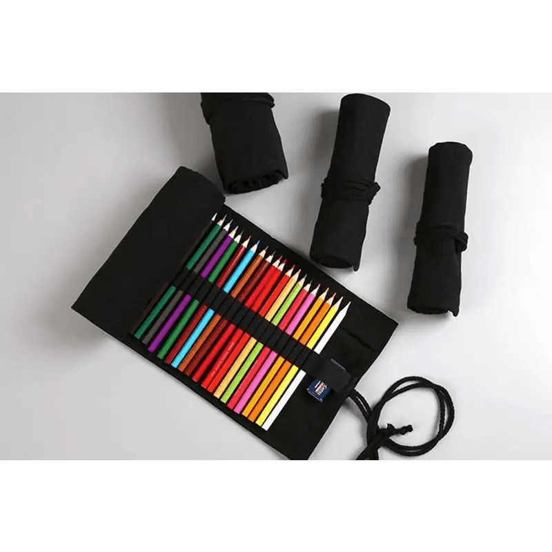 Students Roll Design Black Color Pencil Retro Canvas Wrap Up Pencil Case High Quality Stationary Pouch - STIL5365OIJOJ