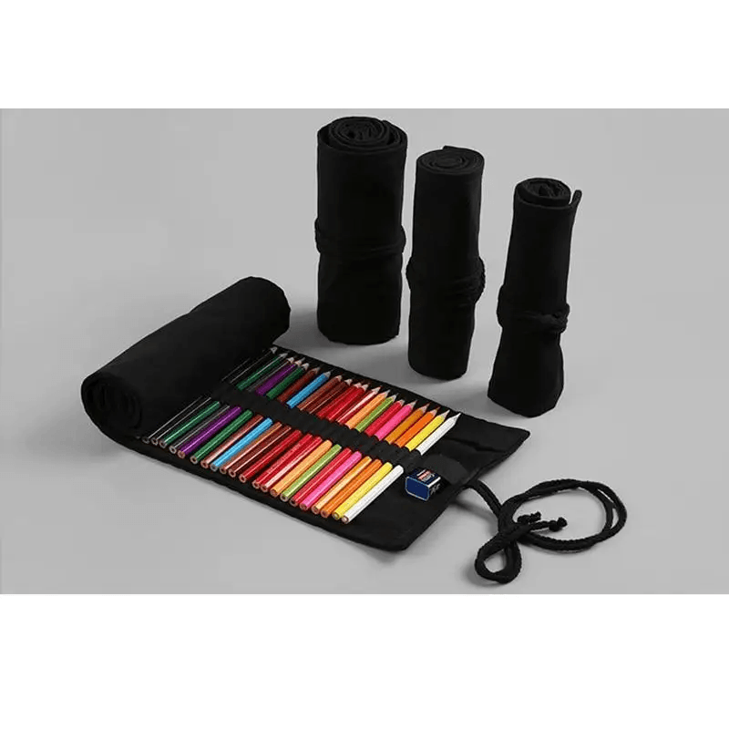 Students Roll Design Black Color Pencil Retro Canvas Wrap Up Pencil Case High Quality Stationary Pouch - STIL5365OIJOJ