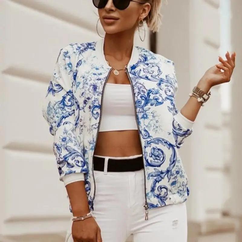 Stunning Flower Print Long Sleeve Women’s Bomber Jacket Fashionable Zipper Up Vintage Coat Tops Elegant Slim Basic