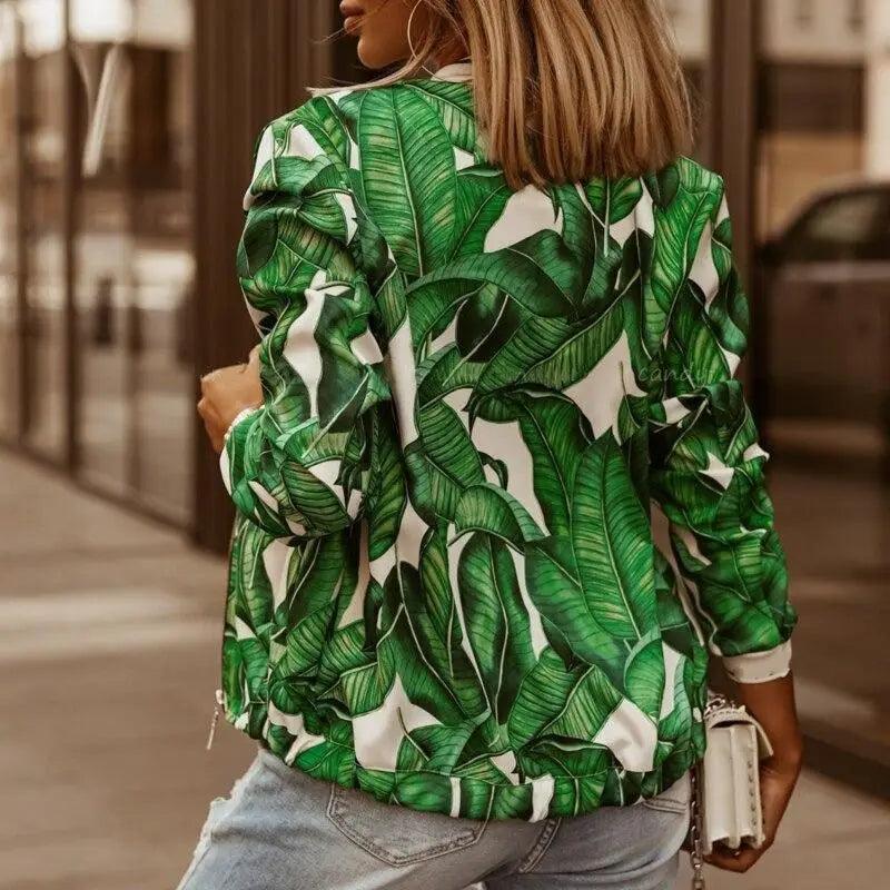 Stunning Flower Print Long Sleeve Women’s Bomber Jacket Fashionable Zipper Up Vintage Coat Tops Elegant Slim Basic