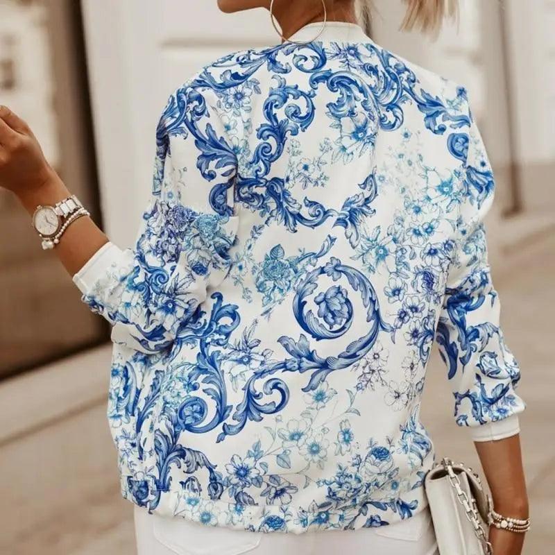 Stunning Flower Print Long Sleeve Women’s Bomber Jacket Fashionable Zipper Up Vintage Coat Tops Elegant Slim Basic