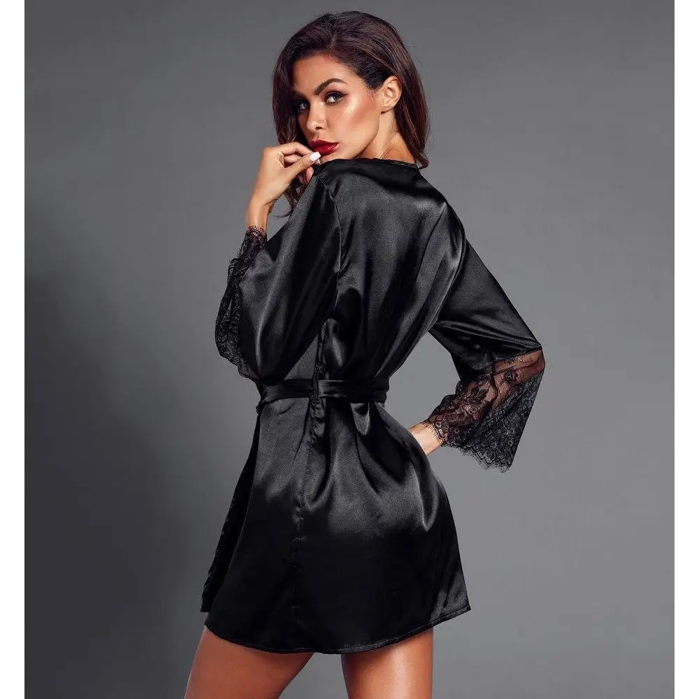 Stylish Black Satin Silk Short Bathrobes For Women Classic Lace On Sleeves Sleepwear Vintage Women’s Sleewear