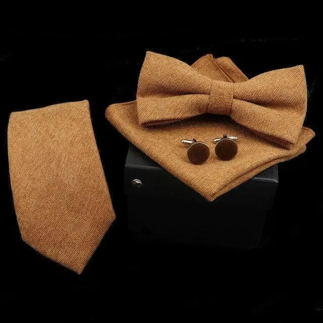 Stylish Solid Color Polyester Tie Bowtie Handkerchief Cufflinks Set For Men Butterfly Wedding Party Necktie Men’s