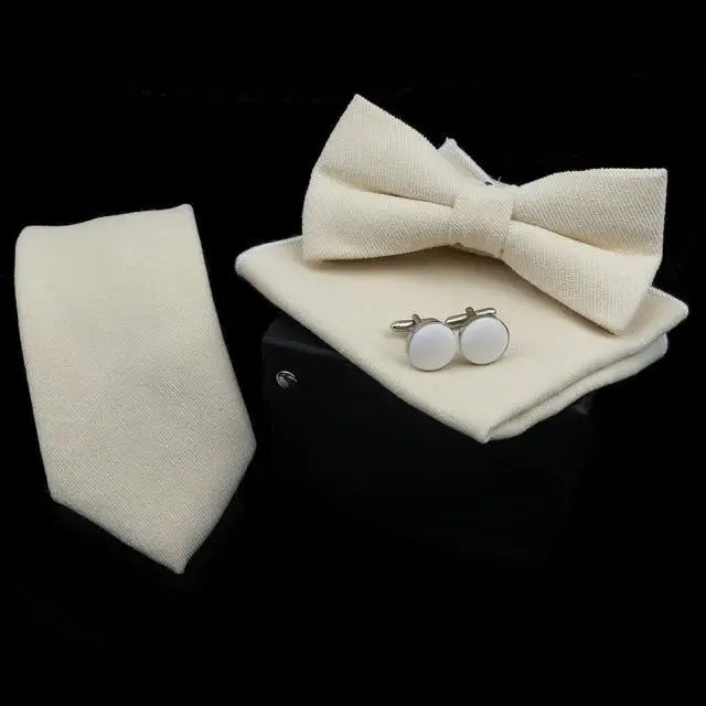 Stylish Solid Color Polyester Tie Bowtie Handkerchief Cufflinks Set For Men Butterfly Wedding Party Necktie Men’s