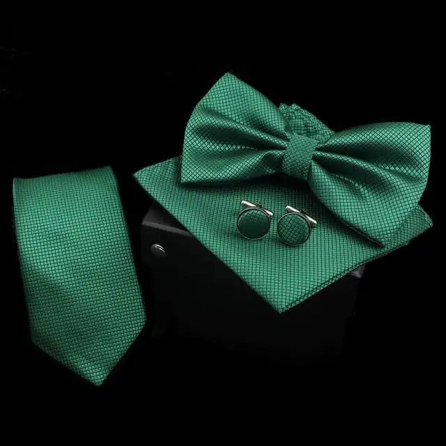 Stylish Solid Color Polyester Tie Bowtie Handkerchief Cufflinks Set For Men Butterfly Wedding Party Necktie Men’s