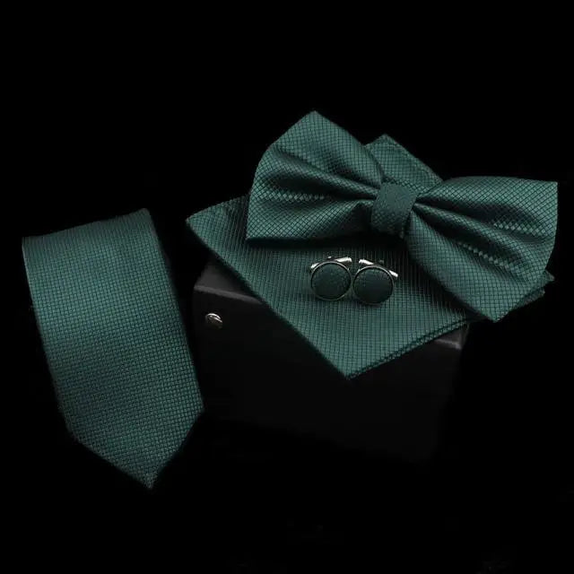 Stylish Solid Color Polyester Tie Bowtie Handkerchief Cufflinks Set For Men Butterfly Wedding Party Necktie Men’s