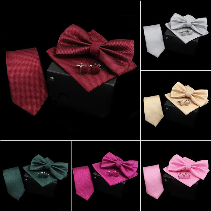 Stylish Solid Color Polyester Tie Bowtie Handkerchief Cufflinks Set For Men Butterfly Wedding Party Necktie Men’s