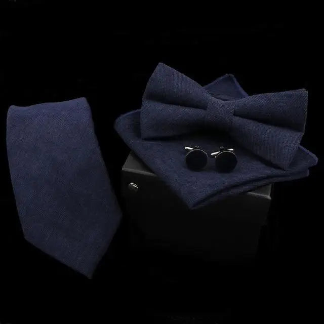 Stylish Solid Color Polyester Tie Bowtie Handkerchief Cufflinks Set For Men Butterfly Wedding Party Necktie Men’s