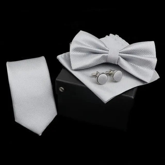 Stylish Solid Color Polyester Tie Bowtie Handkerchief Cufflinks Set For Men Butterfly Wedding Party Necktie Men’s