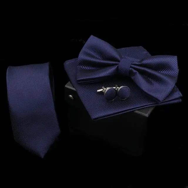 Stylish Solid Color Polyester Tie Bowtie Handkerchief Cufflinks Set For Men Butterfly Wedding Party Necktie Men’s