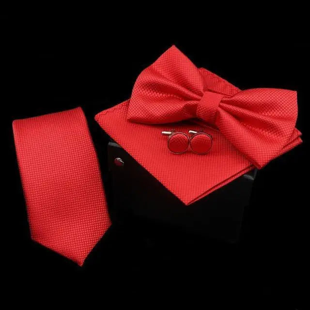 Stylish Solid Color Polyester Tie Bowtie Handkerchief Cufflinks Set For Men Butterfly Wedding Party Necktie Men’s