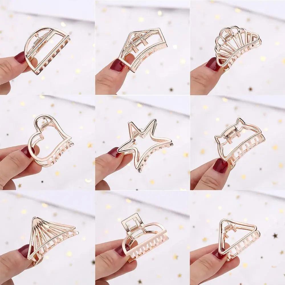 Stylish Solid Color Retro Women Hair Claw Moon Heart Geometric Shapes Hair Clips For Women Cute Metal Gold Hair