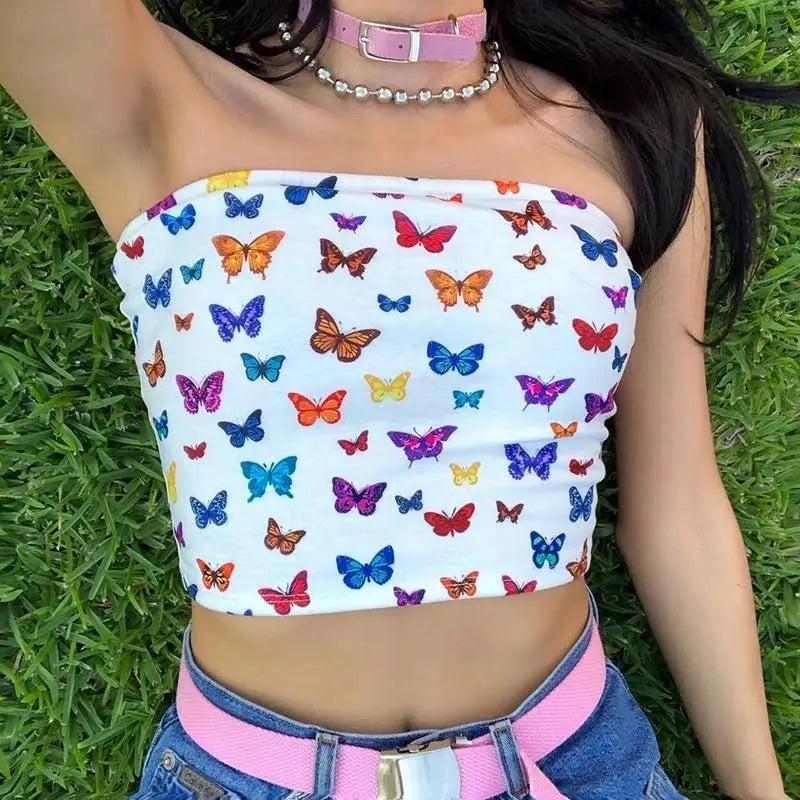 Summer fashion styles sleeveless butterfly print sexy streetwear crop tops cute tops for Women - ALU123GUREO