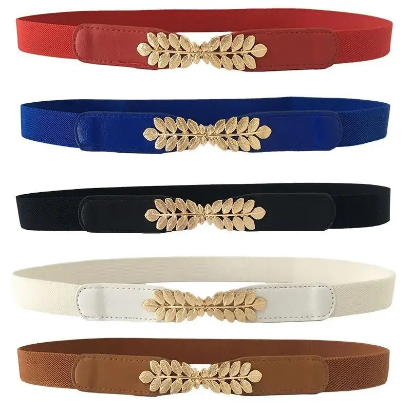 Thin Elastic Stretch Women Buckle Skinny Fashion Belts Metal Leaf Buckle Design Belts For Ladies - STIL7698NCVXN