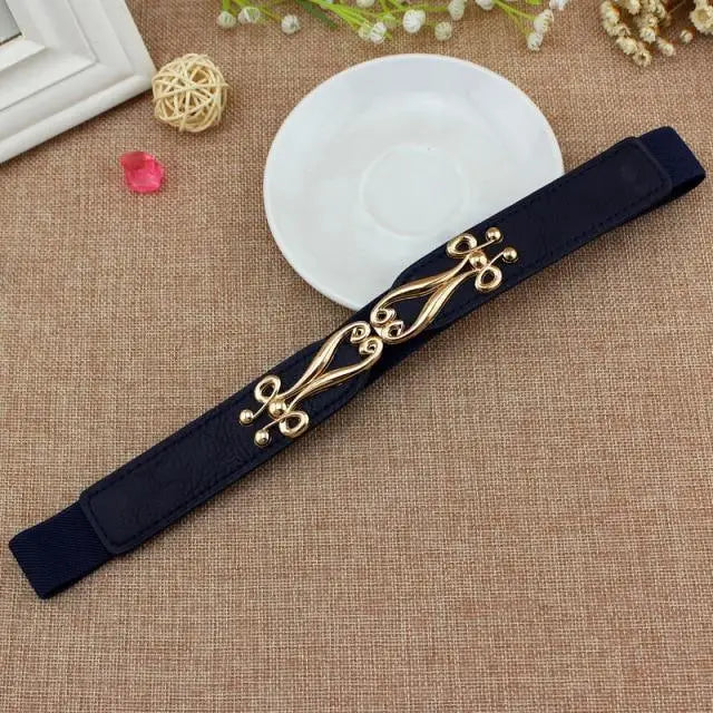 Thin Elastic Stretch Women Buckle Skinny Fashion Belts Metal Leaf Buckle Design Belts For Ladies - 6 - STIL7698NCVXN