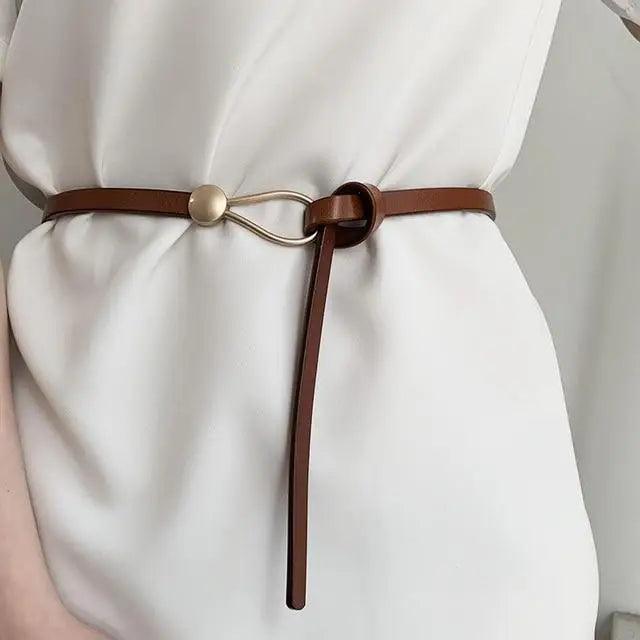 Thin Golden Buckle PU Leather Strap Belts For Women Casual Dress Luxurious Ladies Waist Belt - Brown / 120cm