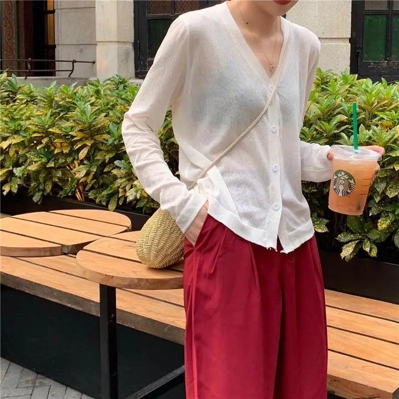 Top Quality Cardigan For Women Long Sleeve Cardigan Summer Cropped Cardigan Knitted V neck Thin Ice Silk Sweaters