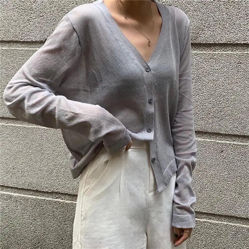 Top Quality Cardigan For Women Long Sleeve Cardigan Summer Cropped Cardigan Knitted V neck Thin Ice Silk Sweaters