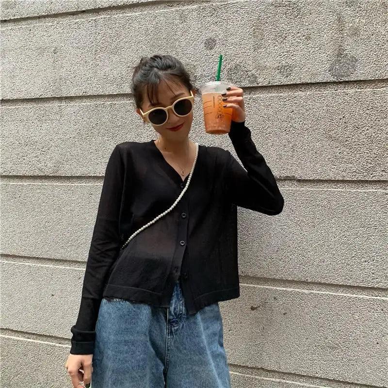 Top Quality Cardigan For Women Long Sleeve Cardigan Summer Cropped Cardigan Knitted V neck Thin Ice Silk Sweaters