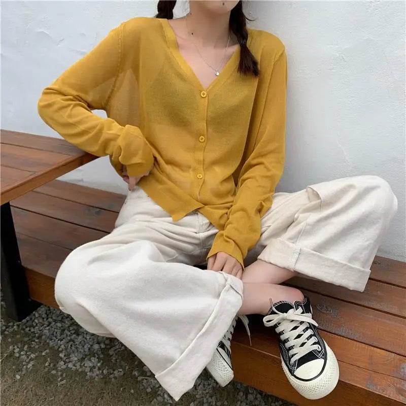 Top Quality Cardigan For Women Long Sleeve Cardigan Summer Cropped Cardigan Knitted V neck Thin Ice Silk Sweaters