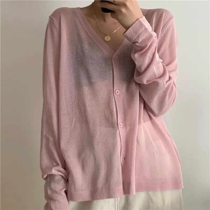 Top Quality Cardigan For Women Long Sleeve Cardigan Summer Cropped Cardigan Knitted V neck Thin Ice Silk Sweaters