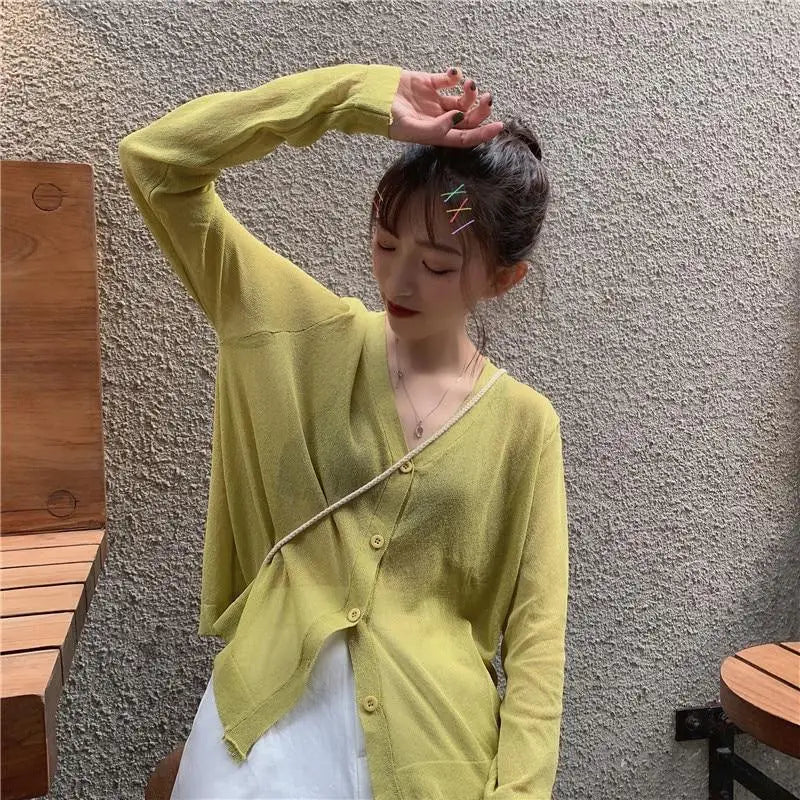 Top Quality Cardigan For Women Long Sleeve Cardigan Summer Cropped Cardigan Knitted V neck Thin Ice Silk Sweaters