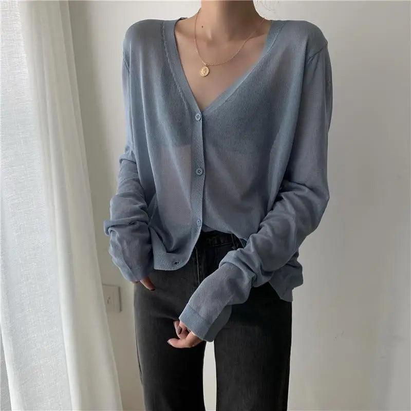 Top Quality Cardigan For Women Long Sleeve Cardigan Summer Cropped Cardigan Knitted V neck Thin Ice Silk Sweaters